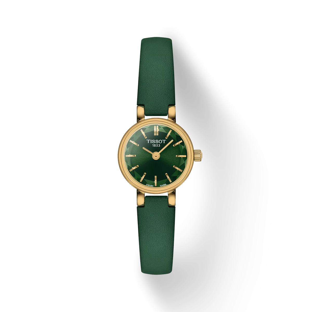 Reloj de mujer Tissot Lovely de 19.5 mm con esfera verde y correa de piel verde, acabado dorado.
