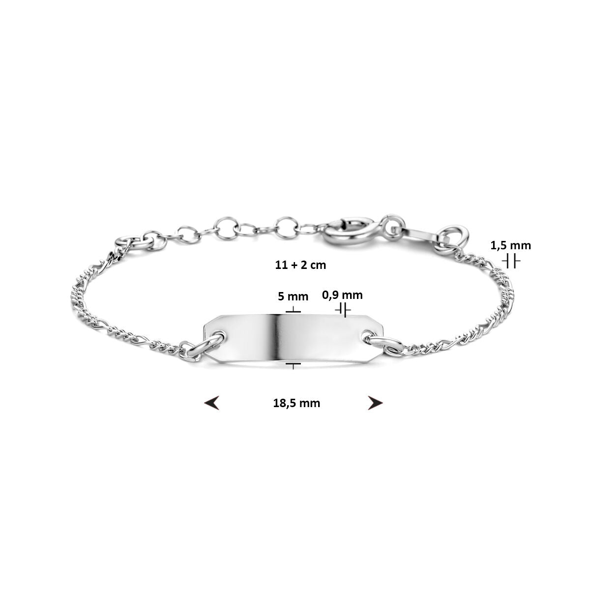 Van der Kooij Collectie graveerarmband: 5,0 mm brede gerhodineerde zilveren armband met rechthoekige plaat, karabijnsluiting en lengte van 11 + 2 cm. Ideaal als kindergraveerarmband.