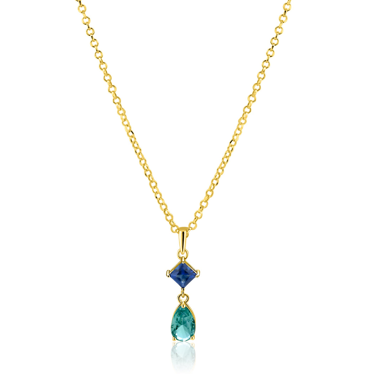 Collar dorado con un colgante en forma de gota y un diamante azul.