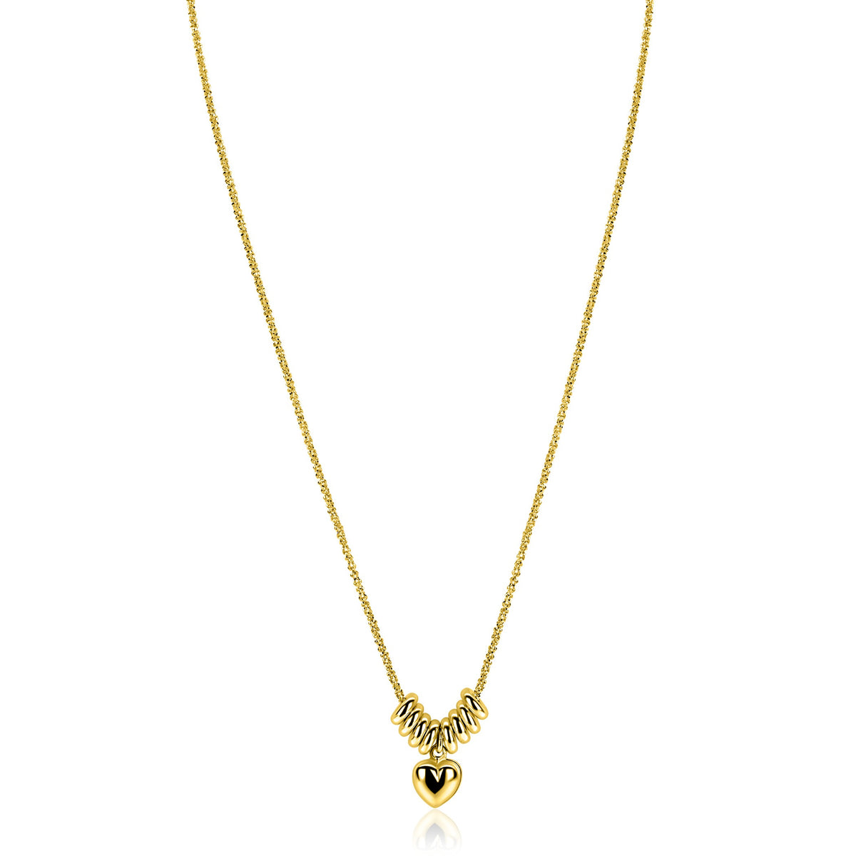 Cadena dorada con colgante en forma de corazón y detalles brillantes.