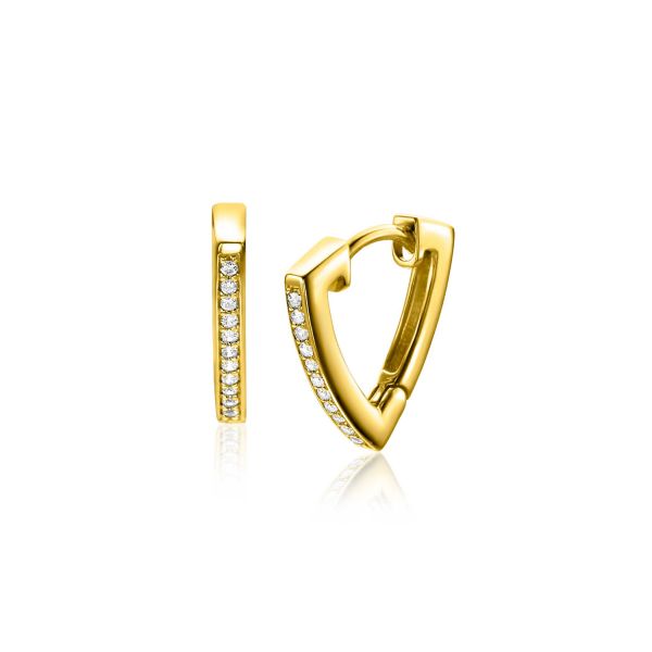 Pendientes de aro dorados con forma triangular y detalles de piedras brillantes.