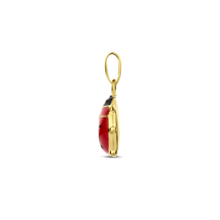 Het Van der Kooij Collectie hanger lieveheersbeestje 14K geelgoud is een goud met rode lieveheersbeestje hanger, rechtopstaand op een witte achtergrond en gefotografeerd vanaf de zijkant.