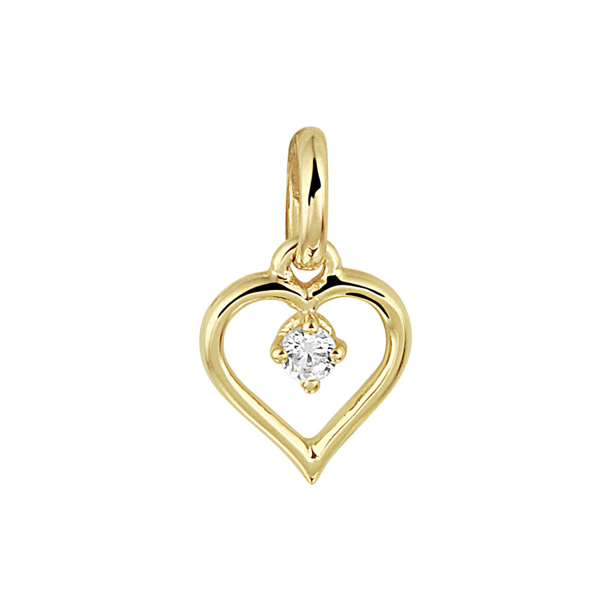 Colgante en forma de corazón de oro amarillo de 14K con una zircónia brillante en el centro.