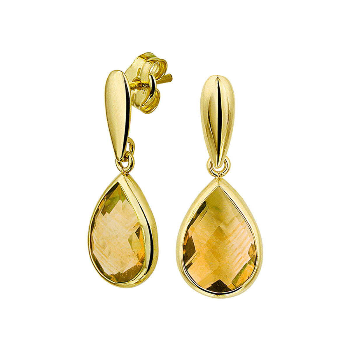 Pendientes largos de citrino en oro amarillo de 14K con forma de gota.