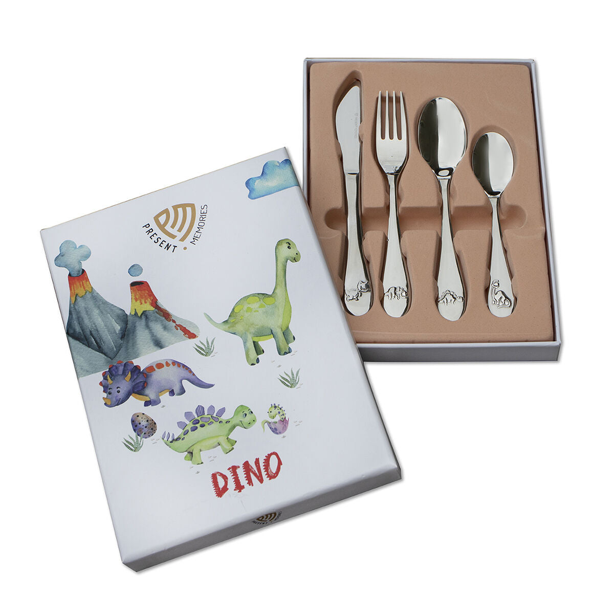 Cubiertos para niños de acero inoxidable con diseño de dinosaurios, incluye cuchillo, tenedor y cuchara.