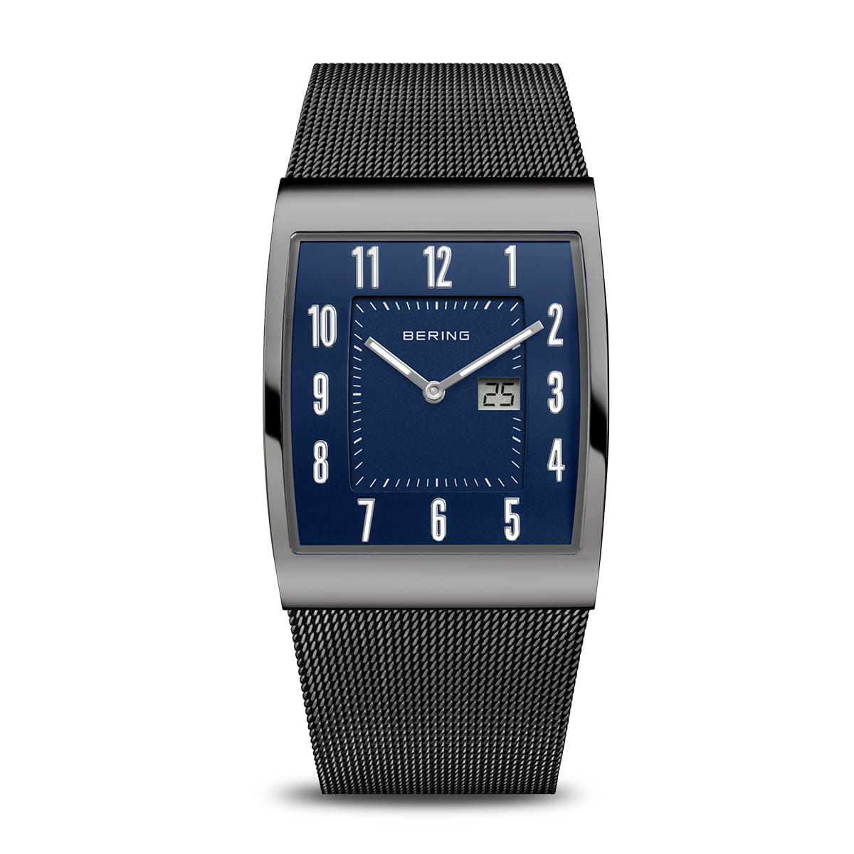 Reloj de hombre con caja rectangular, esfera azul y correa de malla metálica.