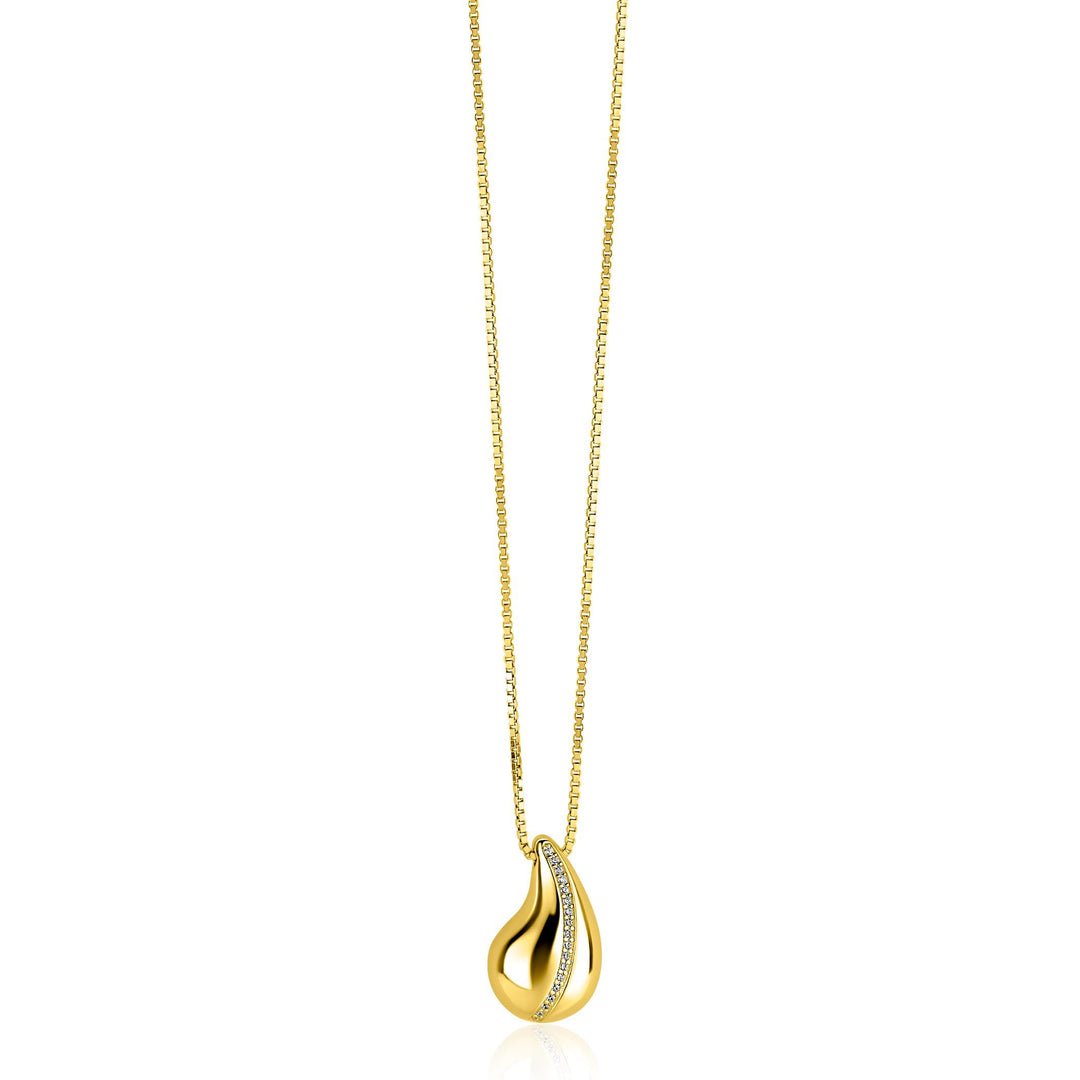 De Zinzi ketting verguld ZIC2707Y van Zinzi heeft een druppelvormige hanger met een rij fonkelende witte zirkonia's, gepresenteerd tegen een effen witte achtergrond.