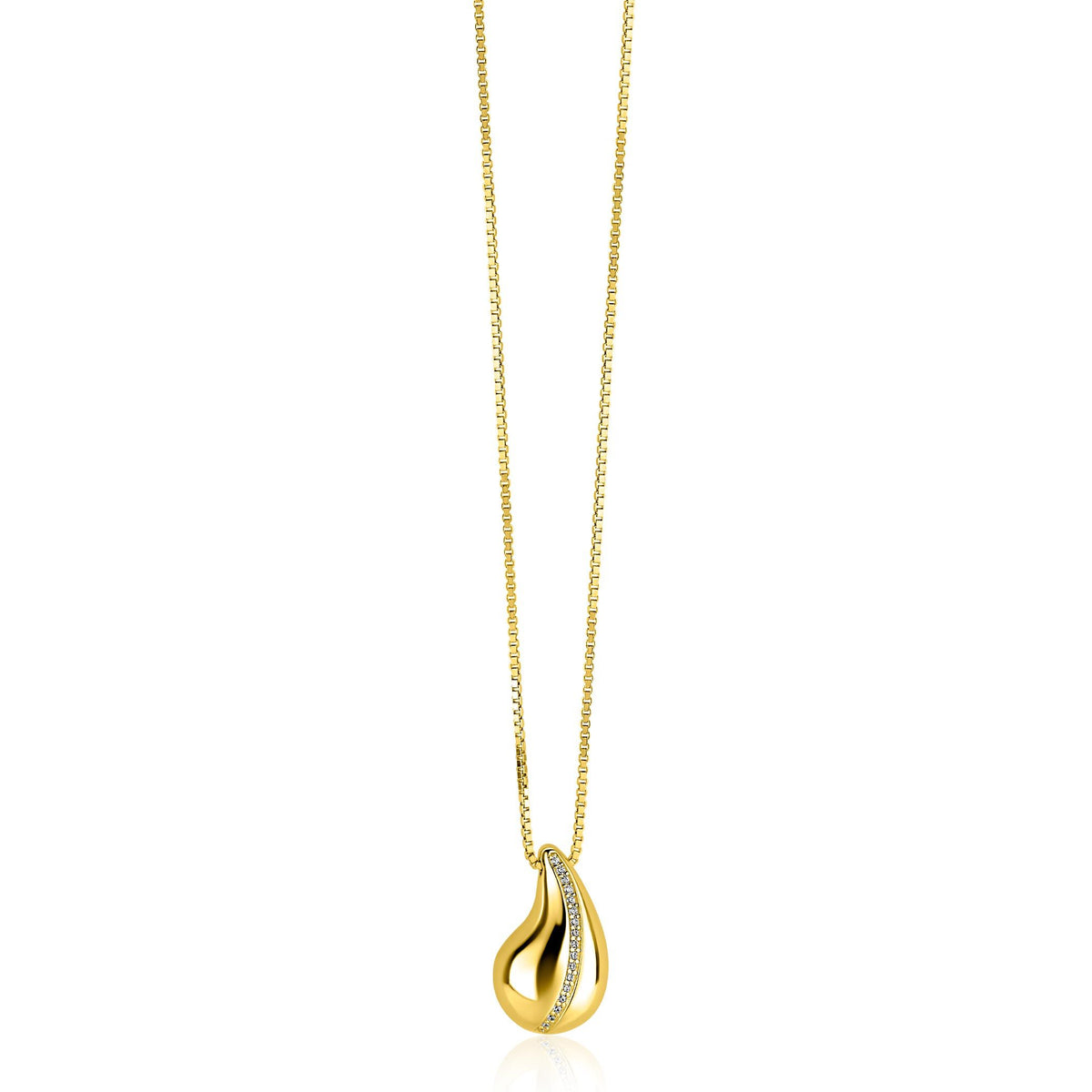 De Zinzi ketting verguld ZIC2707Y van Zinzi heeft een druppelvormige hanger met een rij fonkelende witte zirkonia's, gepresenteerd tegen een effen witte achtergrond.