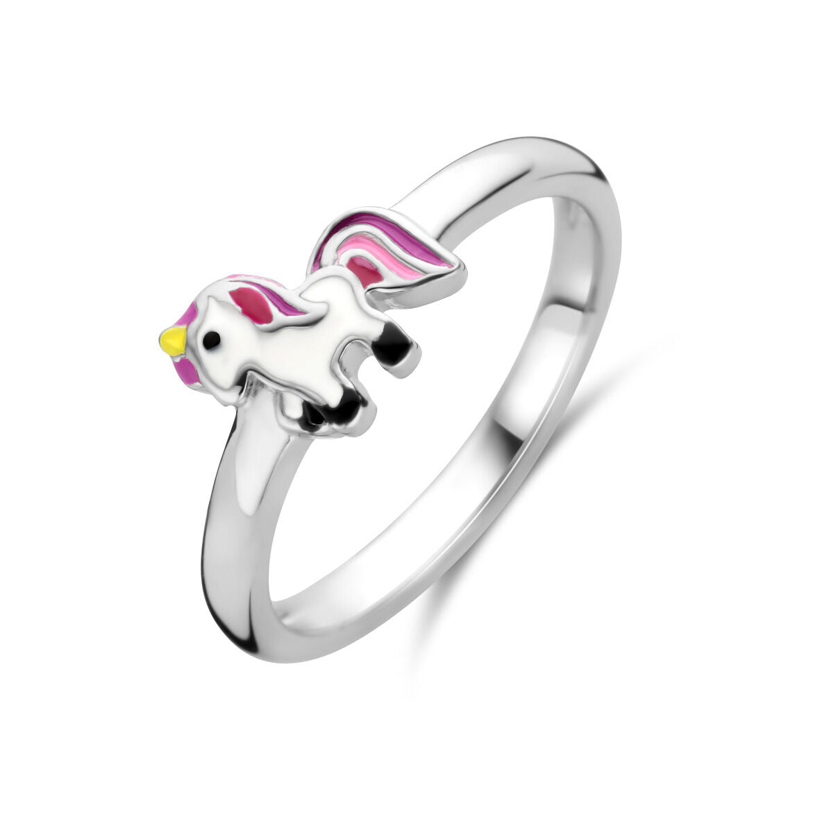 Anillo de unicornio en plata rodiada con detalles en esmalte rosa y amarillo.