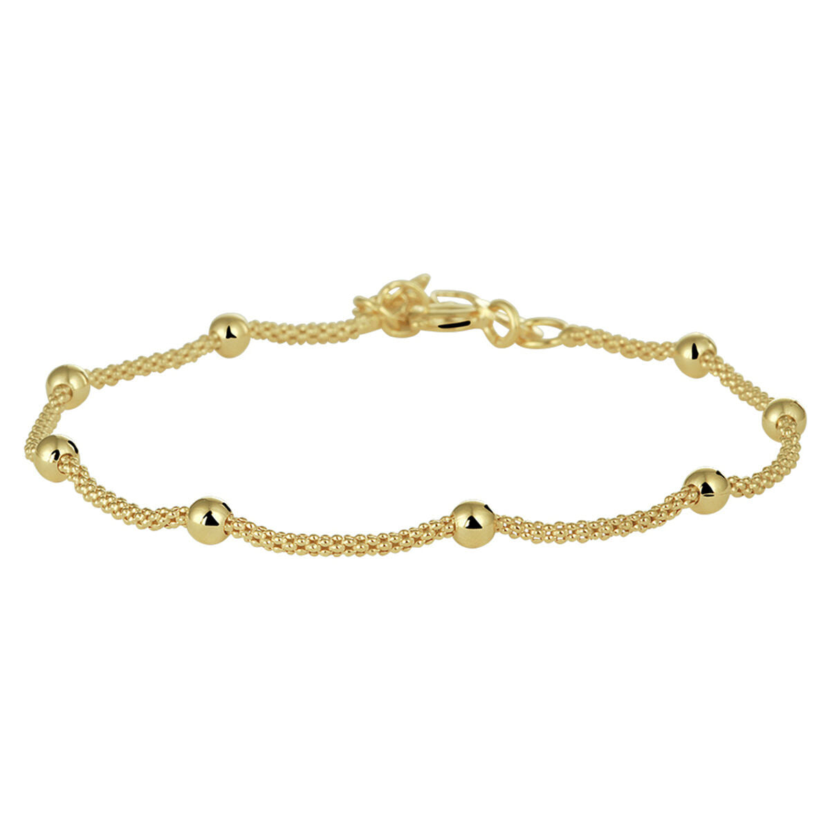 Pulsera de bolitas de 3,0 mm en plata dorada de 3 micrones, con un diseño delicado y cierre de langosta.
