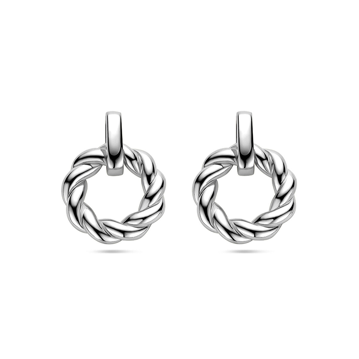 Pendientes largos de plata rhodium con forma de círculo trenzado.