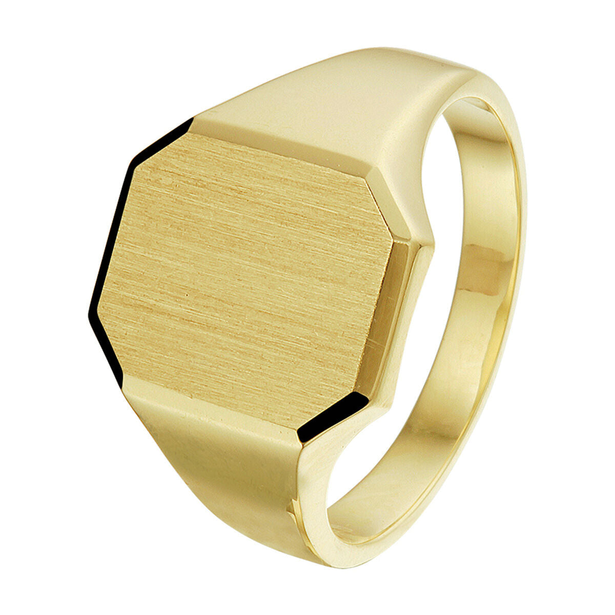 Anillo de oro amarillo de 14K, mate y con acabado diamante, de forma hexagonal.
