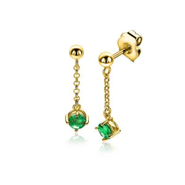 Pendientes largos de plata con piedras verdes y detalle de cadena.