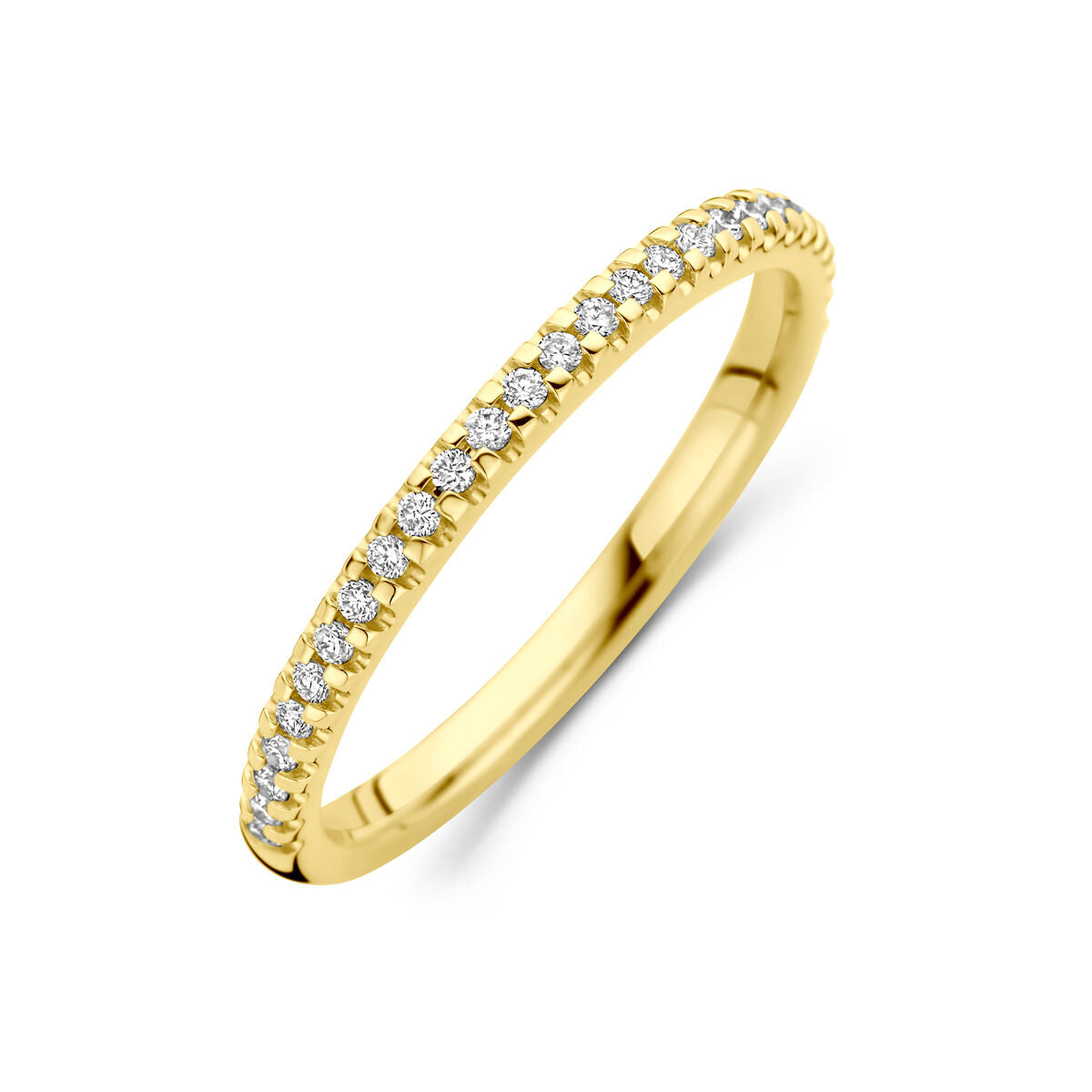 Anillo de oro amarillo de 14K con diamantes lab-grown de 0.15 ct en un diseño delicado.