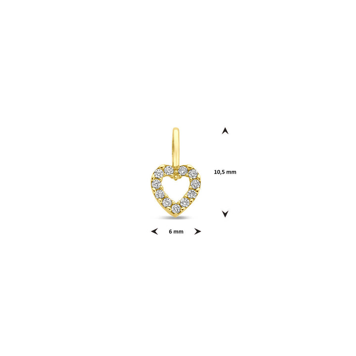 De hanger hartje zirkonia 10,5 mm van 14K geelgoud uit de Van der Kooij Collectie heeft een elegant hartvormig ontwerp met zirkonia's, is 10,5 mm hoog en 6 mm breed, en wordt gebruikelijk op een witte achtergrond met maatpijlen.