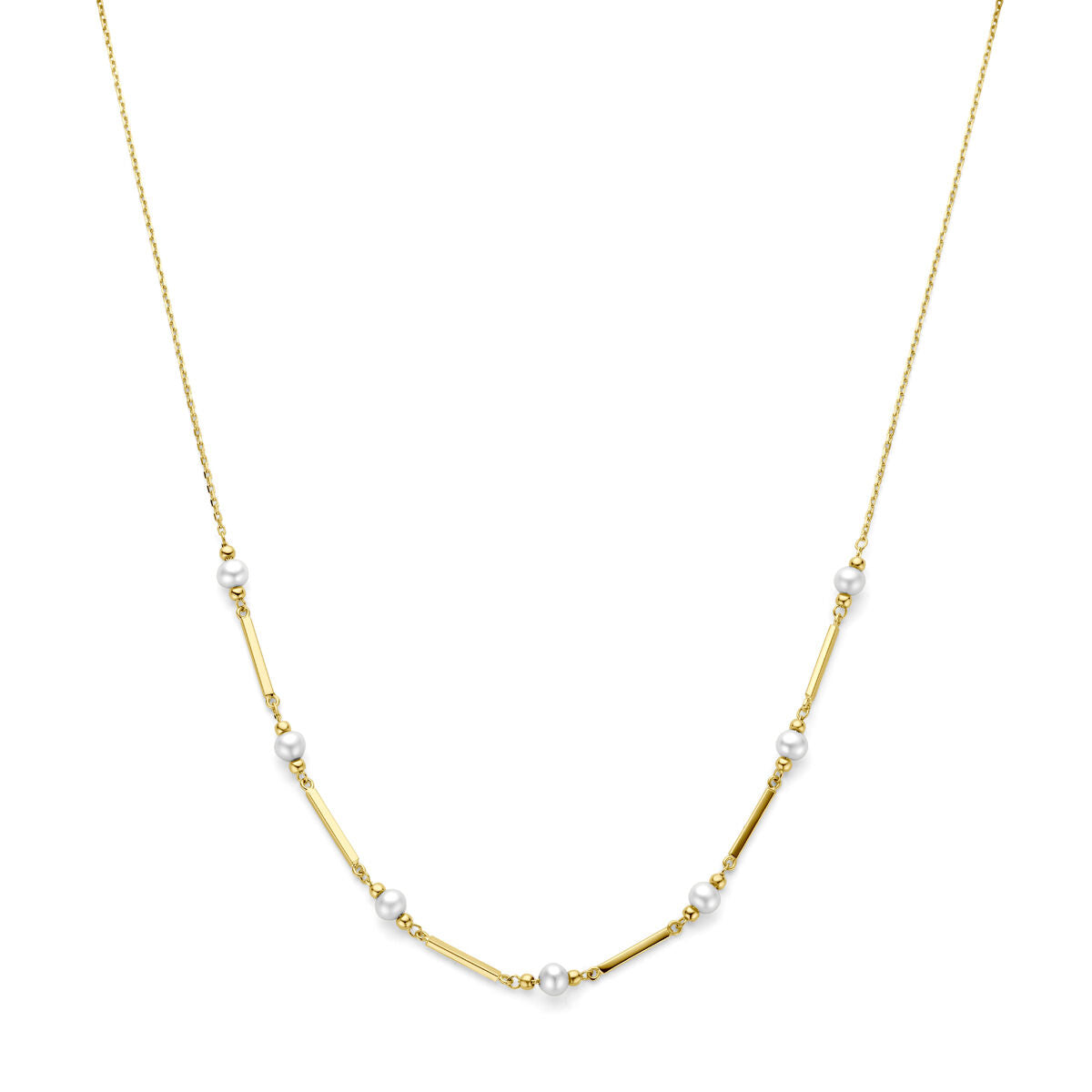 Collar de perlas de 42 + 3 cm en oro amarillo de 14K con detalles en forma de barras.