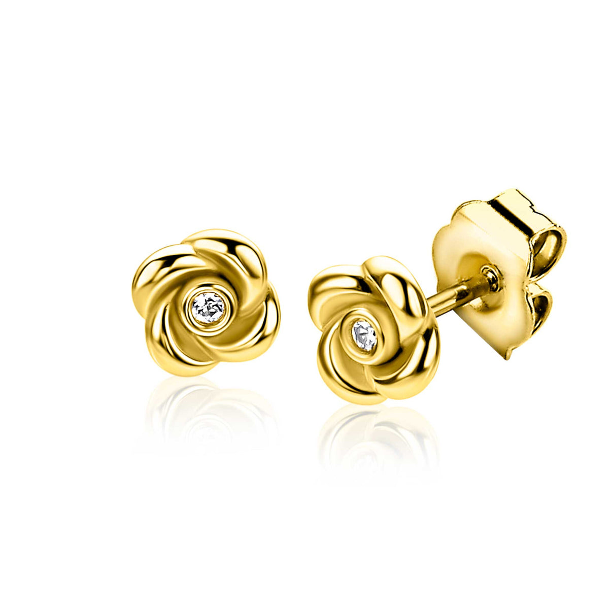 Pendientes de oro con forma de rosa y detalle brillante en el centro.