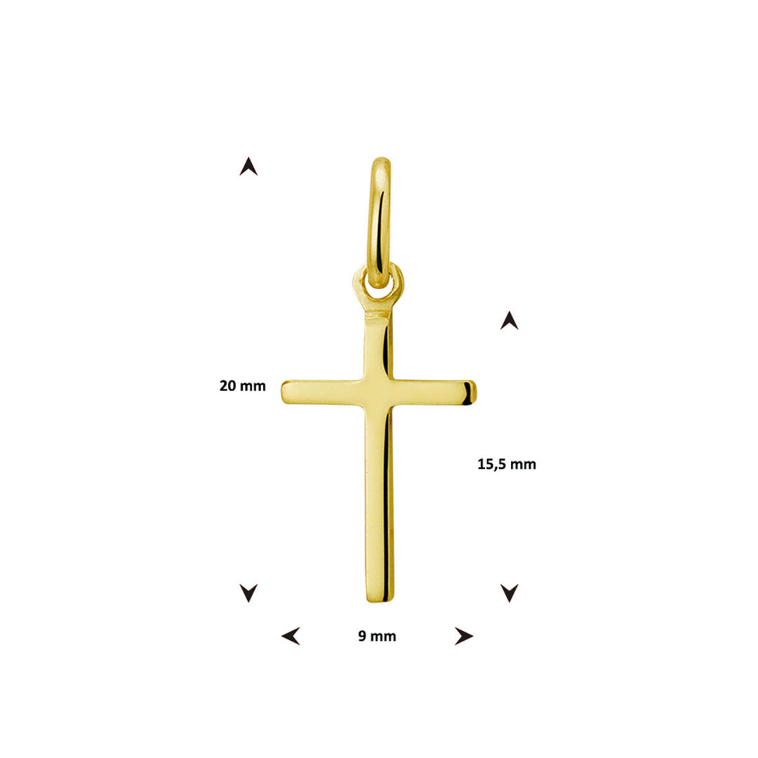 De Van der Kooij Collectie "hanger kruis 3 micron zilver verguld (geel)" is een unisex gouden kruishanger met een oogje aan de bovenkant, afgebeeld op een witte achtergrond. Afmetingen: 20 mm hoog, 15,5 mm van oogje tot basis en 9 mm breed bij de dwarsbalk.