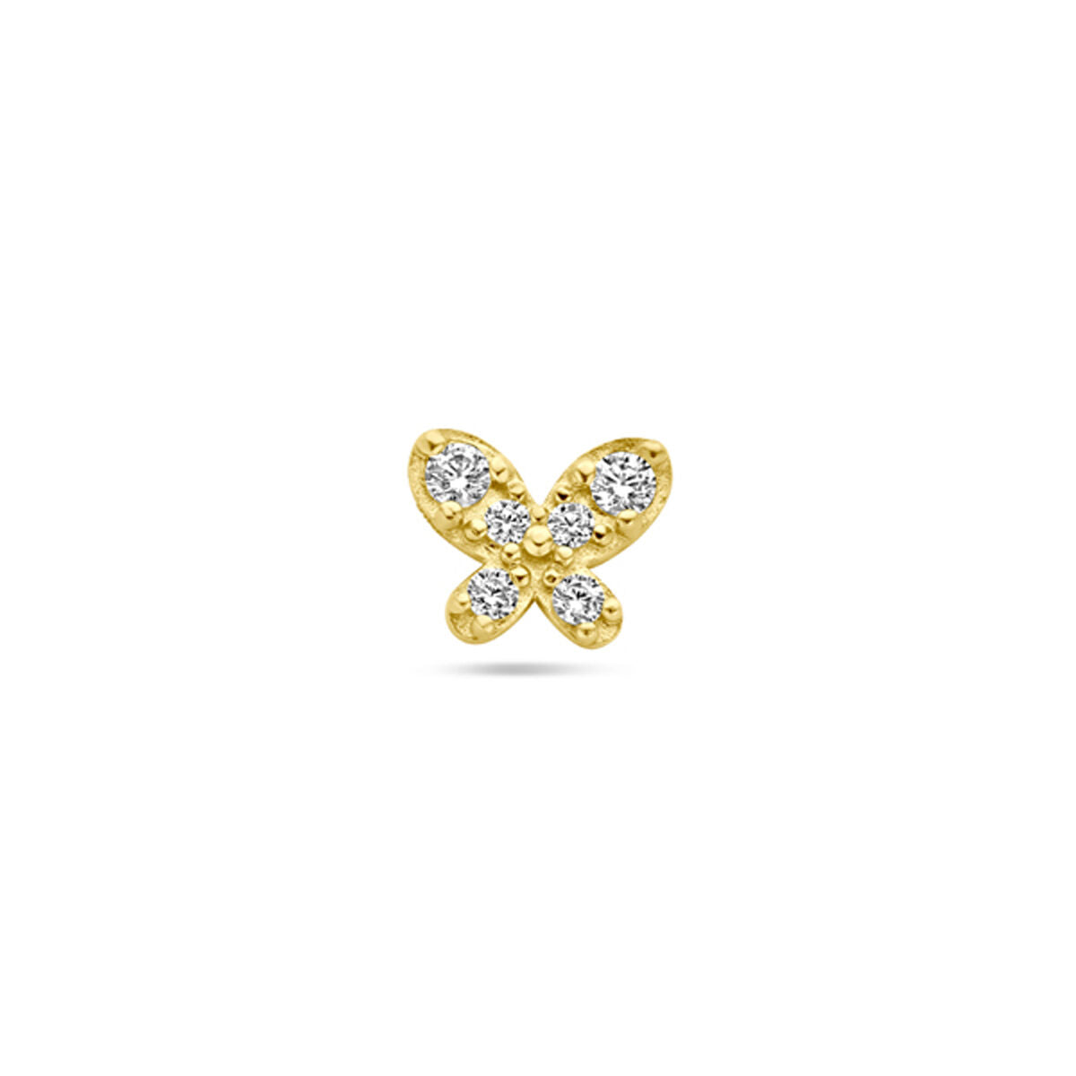 Pendiente de mariposa en oro amarillo de 14K con circonitas, tamaño de 4,5 mm.