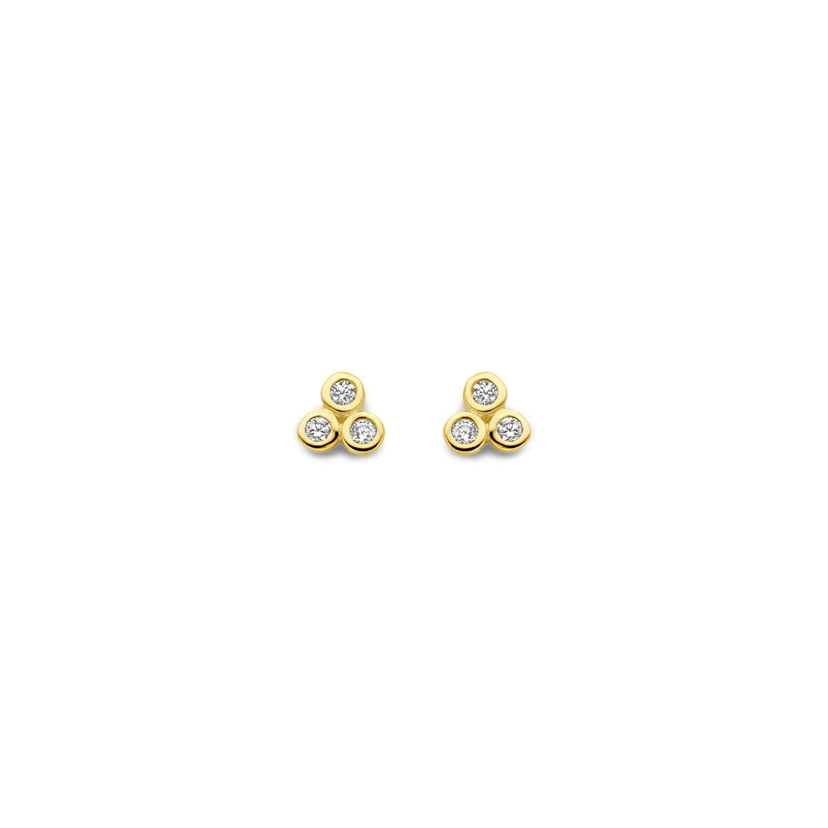 Pendientes de zircón de 3 mm en oro amarillo de 14 quilates con tres piedras brillantes.