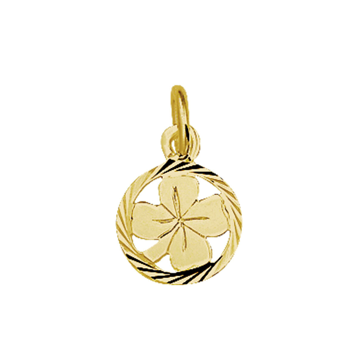 Colgante de trébol dorado con detalles diamantados en forma circular.