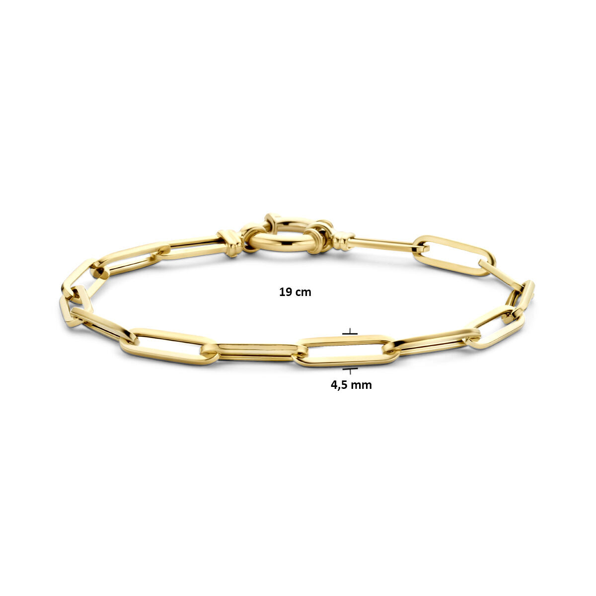 De Van der Kooij Collectie Gouden armband dames paperclip vierkante buis met groot springslot 14K heeft langwerpige ovale schakels, afmeting 19 cm x 4,5 mm, in een tijdloos ontwerp op een witte achtergrond.
