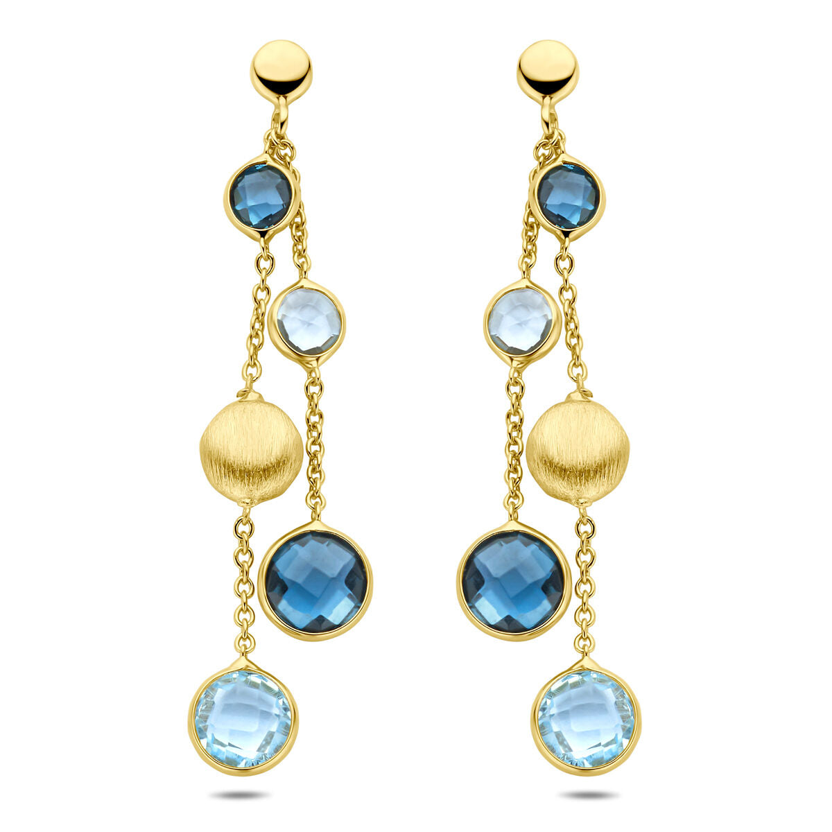 Pendientes largos de oro amarillo de 14K con topacios azul cielo y topacios azul londres de 44 mm.
