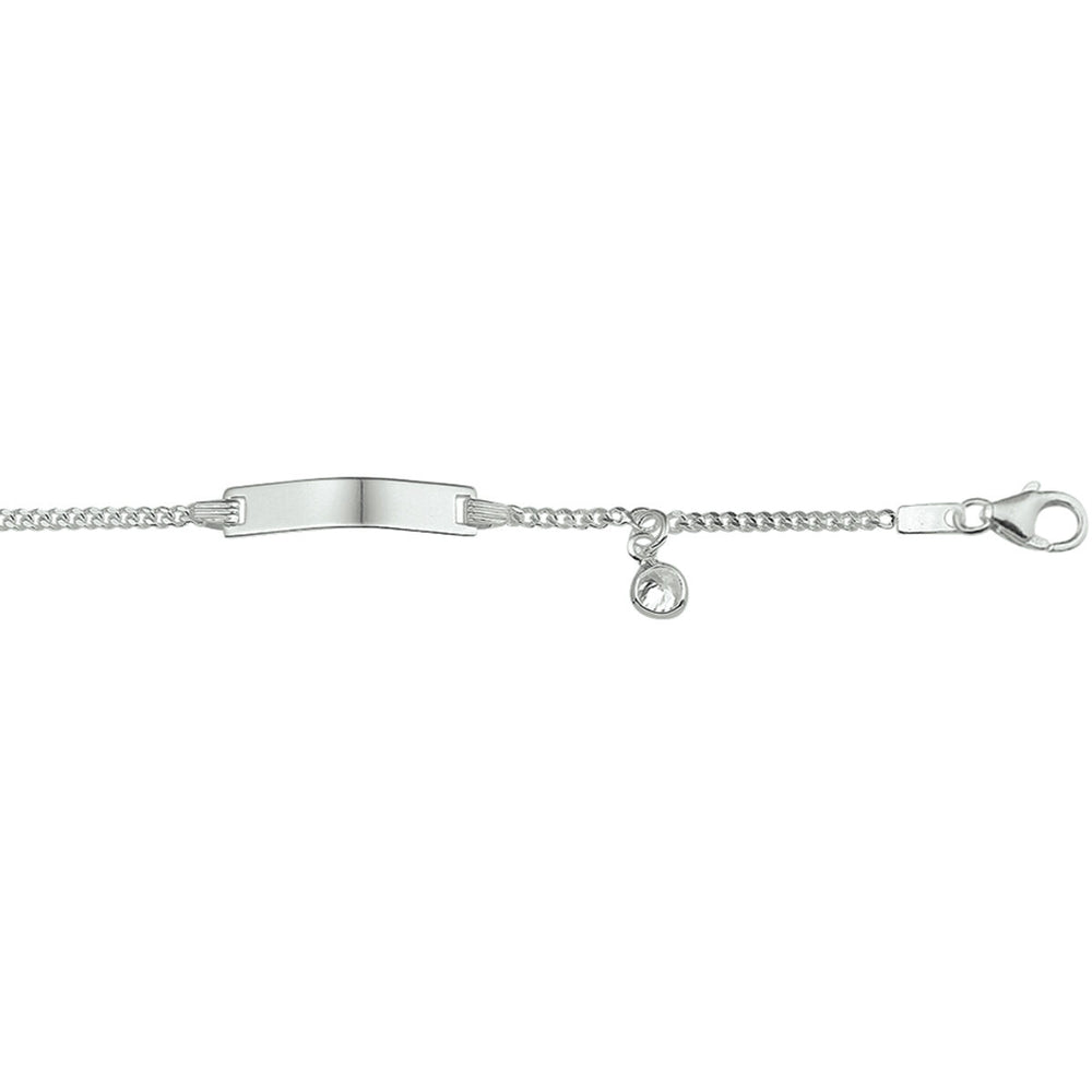 De "graveerarmband zirkonia plaat 4,2 mm zilver wit" van de Van der Kooij Collectie is een verfijnde zilveren armband met een centrale platte staaf voor gravering. Het heeft een minimalistisch ontwerp, vastgezet met een kleine karabijnsluiting en een elegante ring, die stijl naadloos combineert met eenvoud.