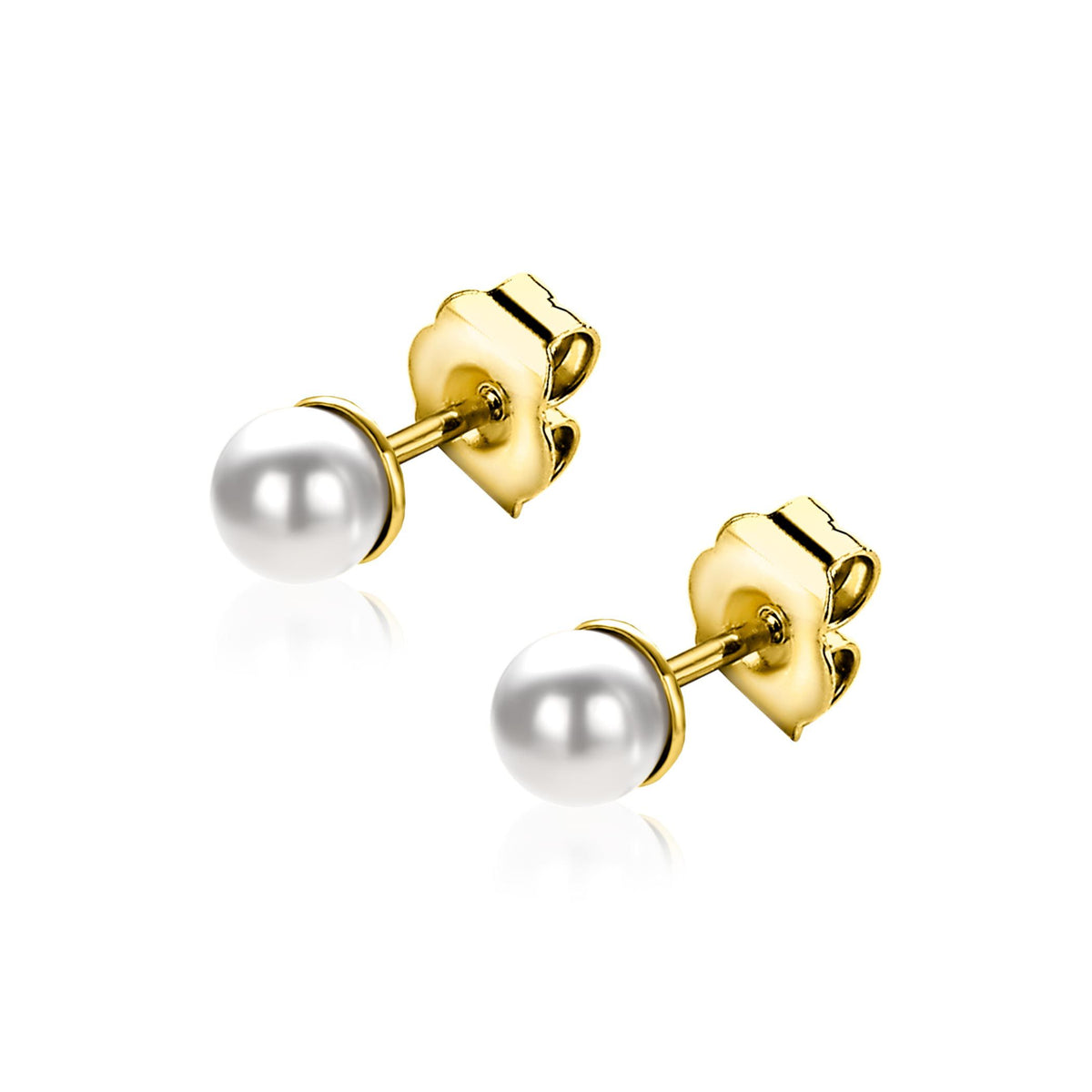 Pendientes de primera puesta de plata chapada en oro con perla blanca de 4 mm.