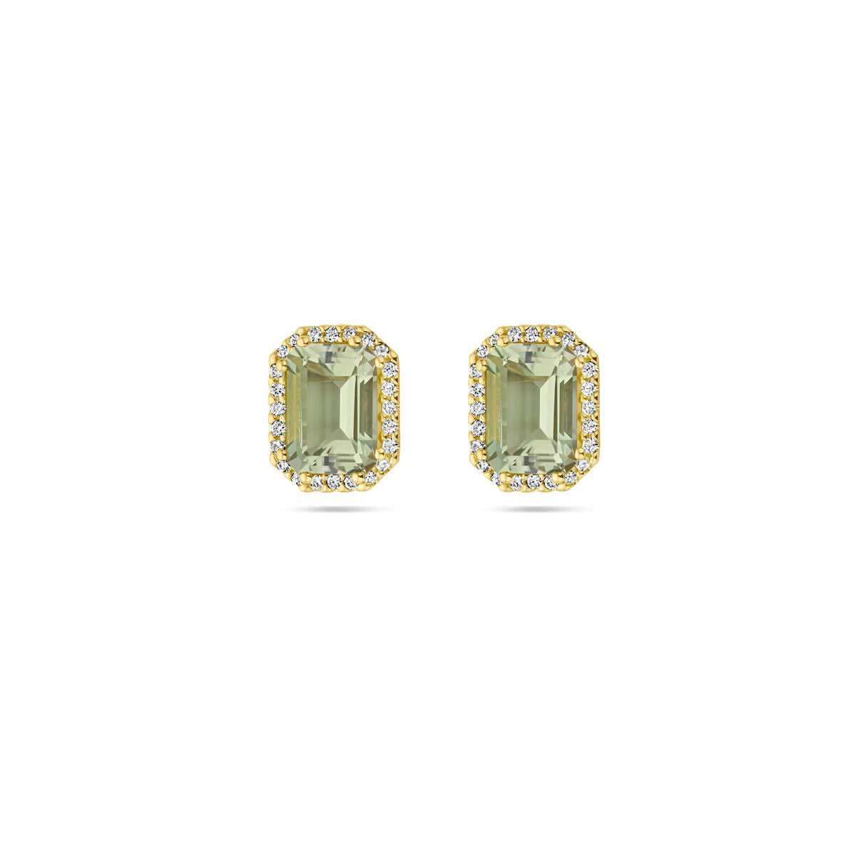 Pendientes de oro amarillo de 14K con amatista verde y diamantes en halo.