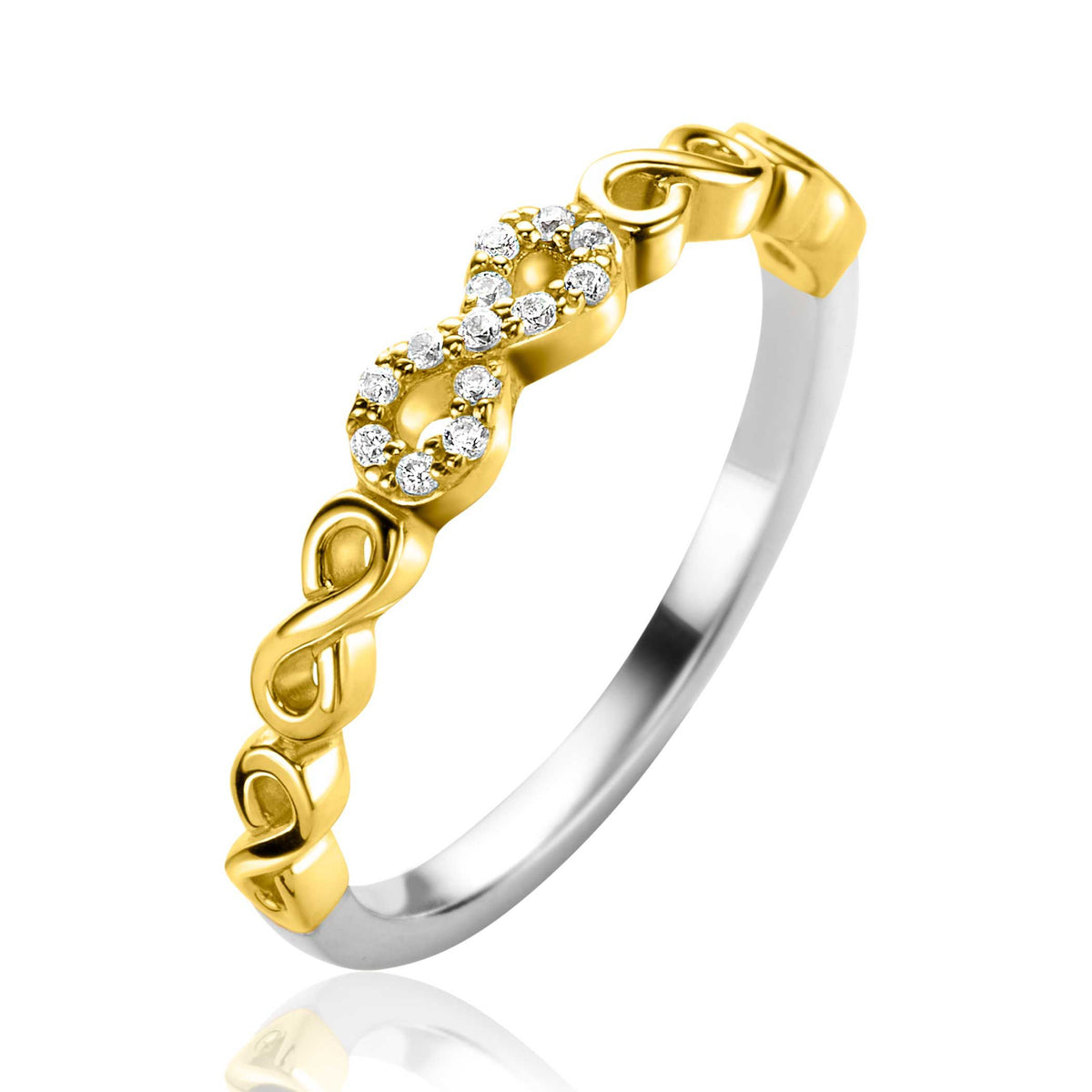 Anillo de plata con detalles en oro y circonitas brillantes en forma de infinito.