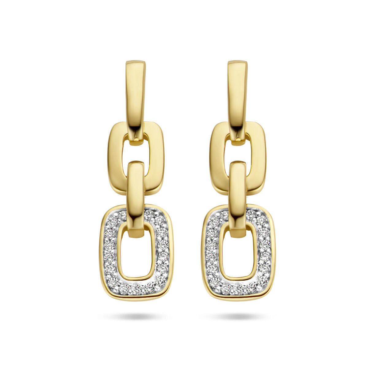 Pendientes largos de eslabones en oro amarillo de 14K con diamantes de 0.13 ct.
