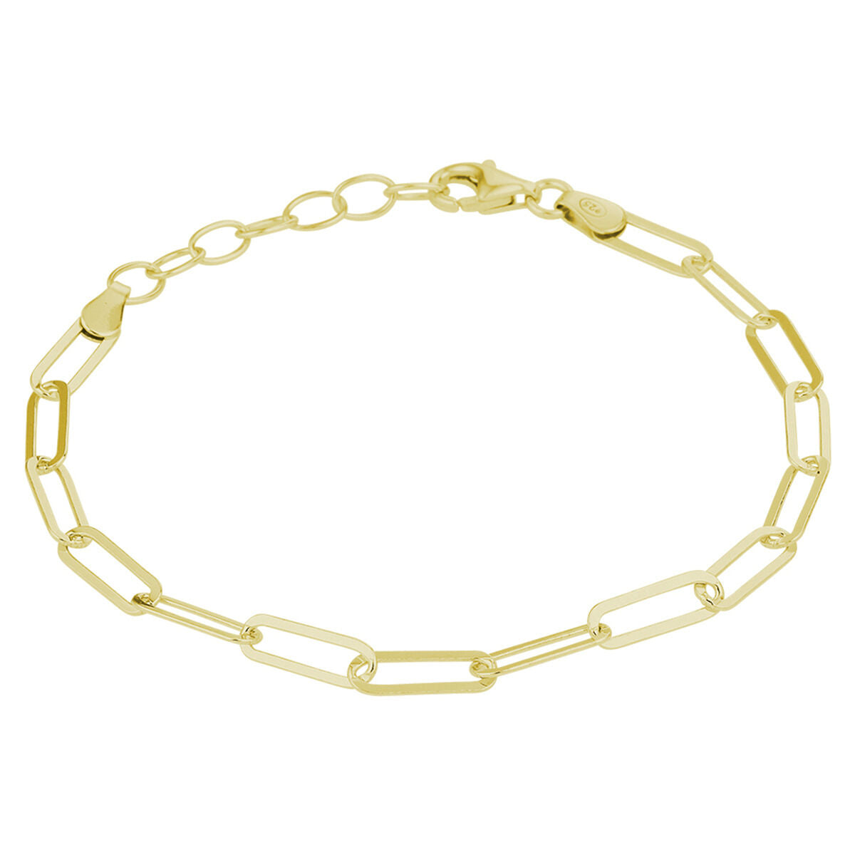 Pulsera dorada tipo clip de papel sobre plata, con eslabones alargados y cierre de langosta.