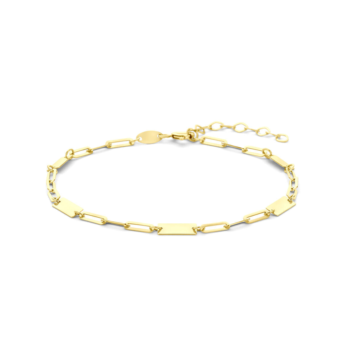 Pulsera color dorado con eslabones y placas, de 9 quilates.