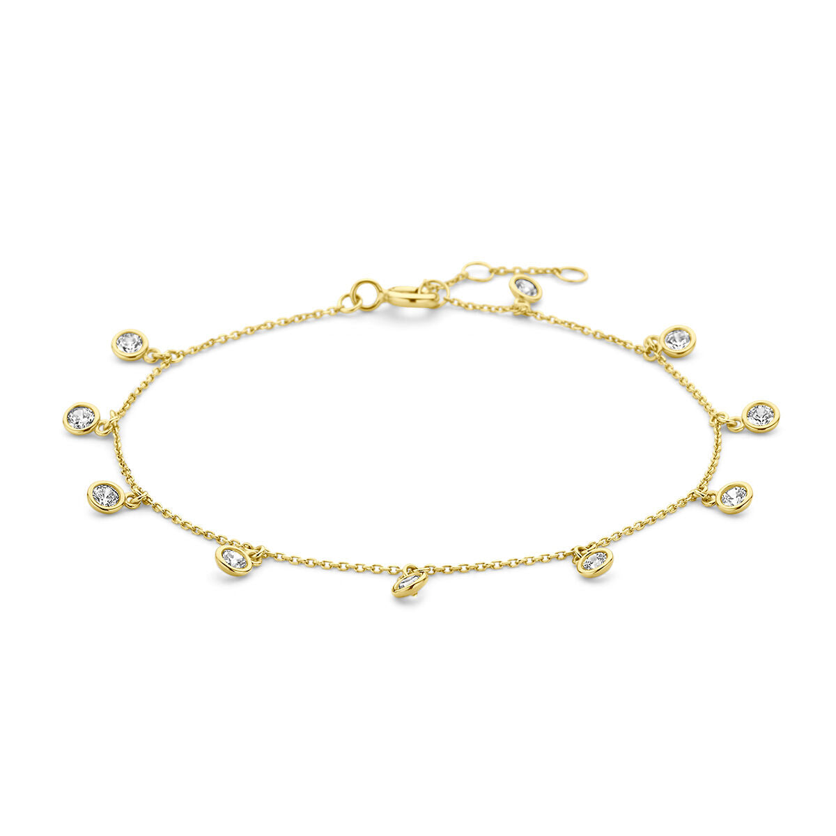 Pulsera dorada de 14K con zircón, con detalles en forma de gota y piedras brillantes.
