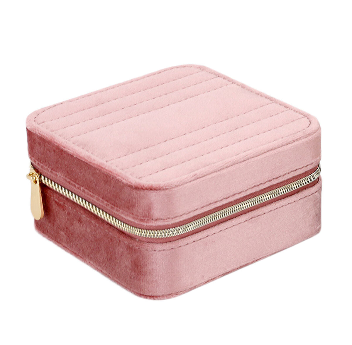 Caja de joyería rosa con textura suave y cremallera dorada.