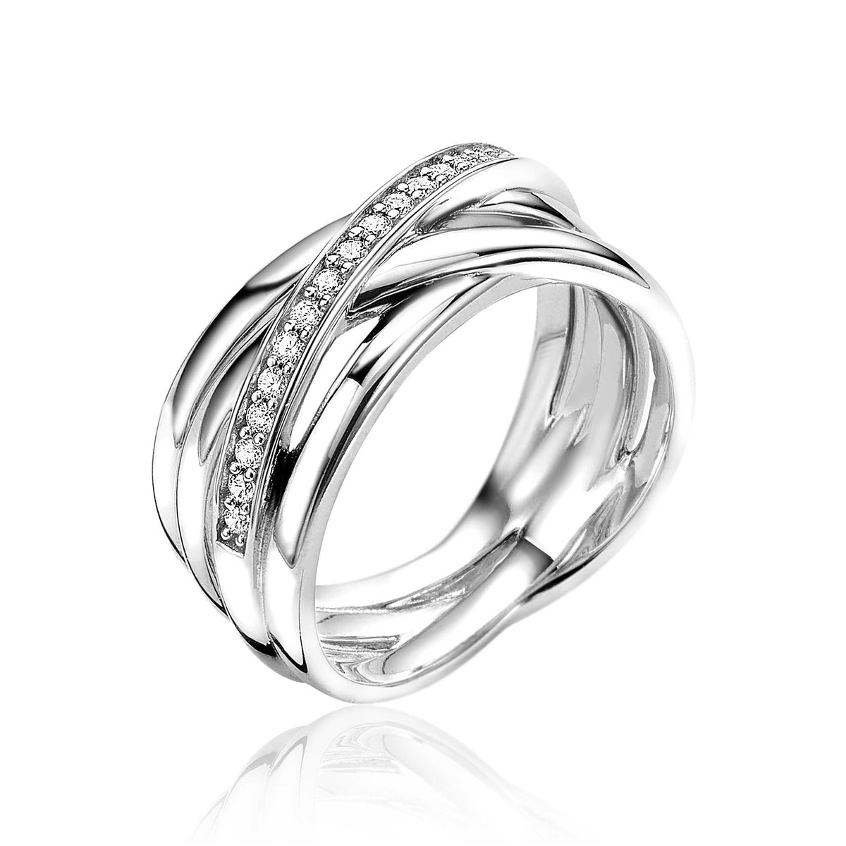 Anillo de plata con diseño entrelazado y detalles de circonitas.