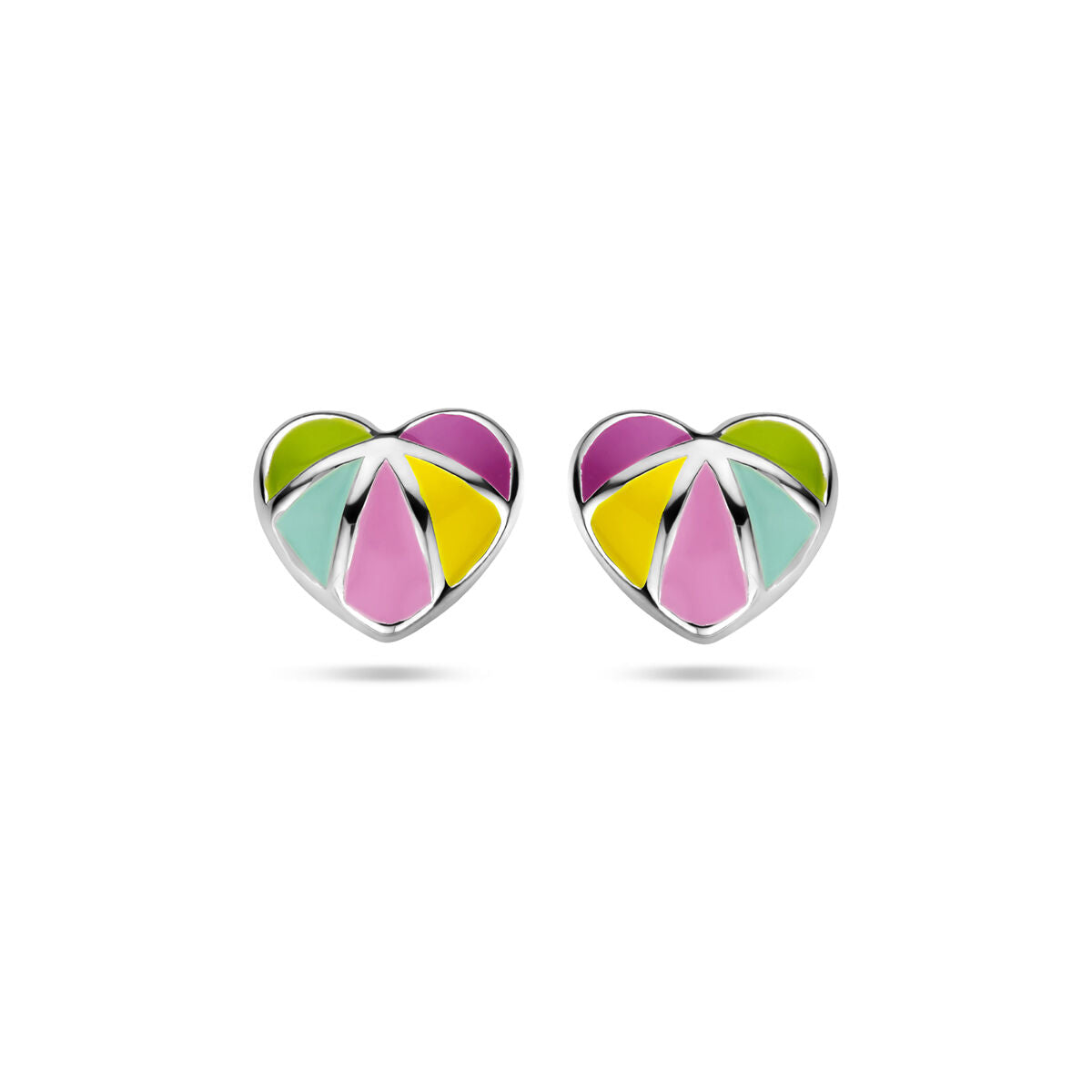 Pendientes de corazón de plata rodiada con detalles en colores verde, rosa y amarillo.
