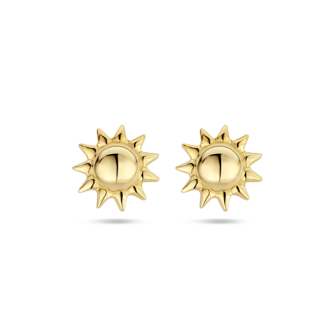 De oorknoppen zon 14K geelgoud van de Van der Kooij Collectie zijn stijlvolle stud oorbellen met ronde centra en stralende punten, perfect voor dames die gouden zonnestralen willen dragen.