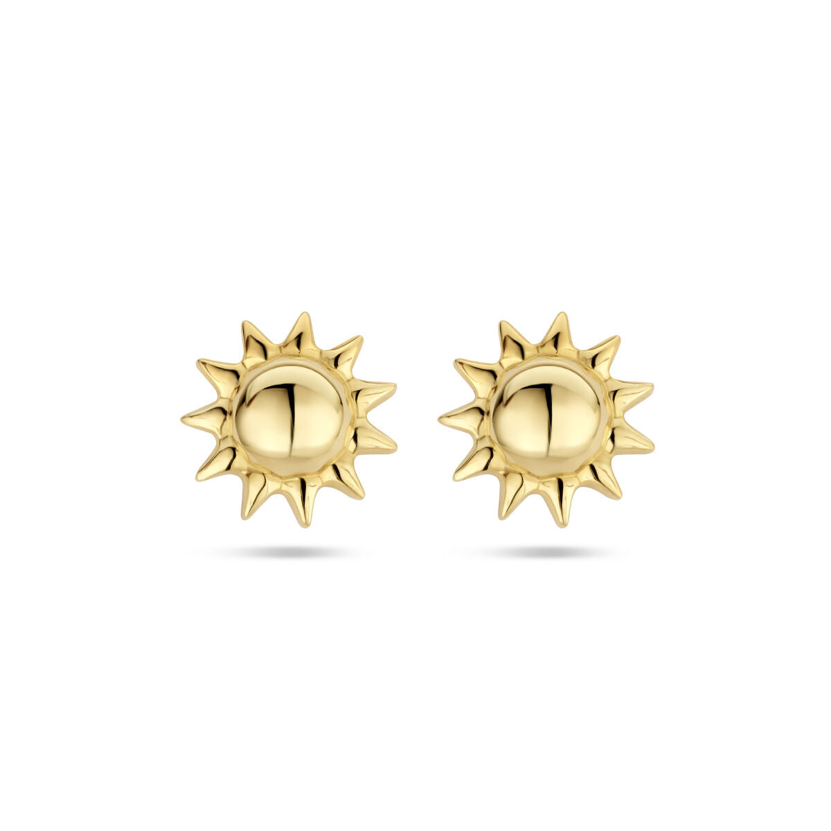Pendientes de sol en oro amarillo de 14 quilates con diseño de rayos.