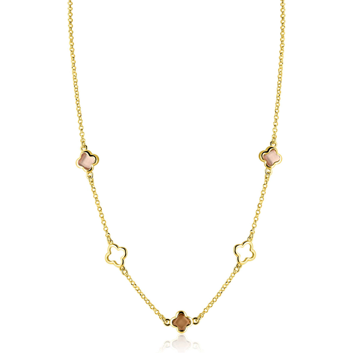 Collar dorado de plata de 45 cm con cinco detalles en forma de flor en tonos rosa.