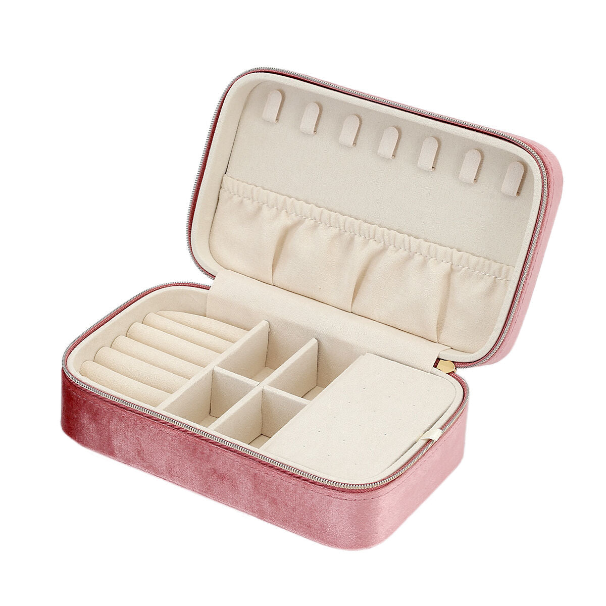 De sieradenbox roze toebehoren van Van der Kooij Collectie is een fluwelen box met rits, gevoerde ringsleuven, kettinghaakjes, vakken en armbandsectie-allemaal met beige voering. Perfect voor het opbergen van al je sieraden.