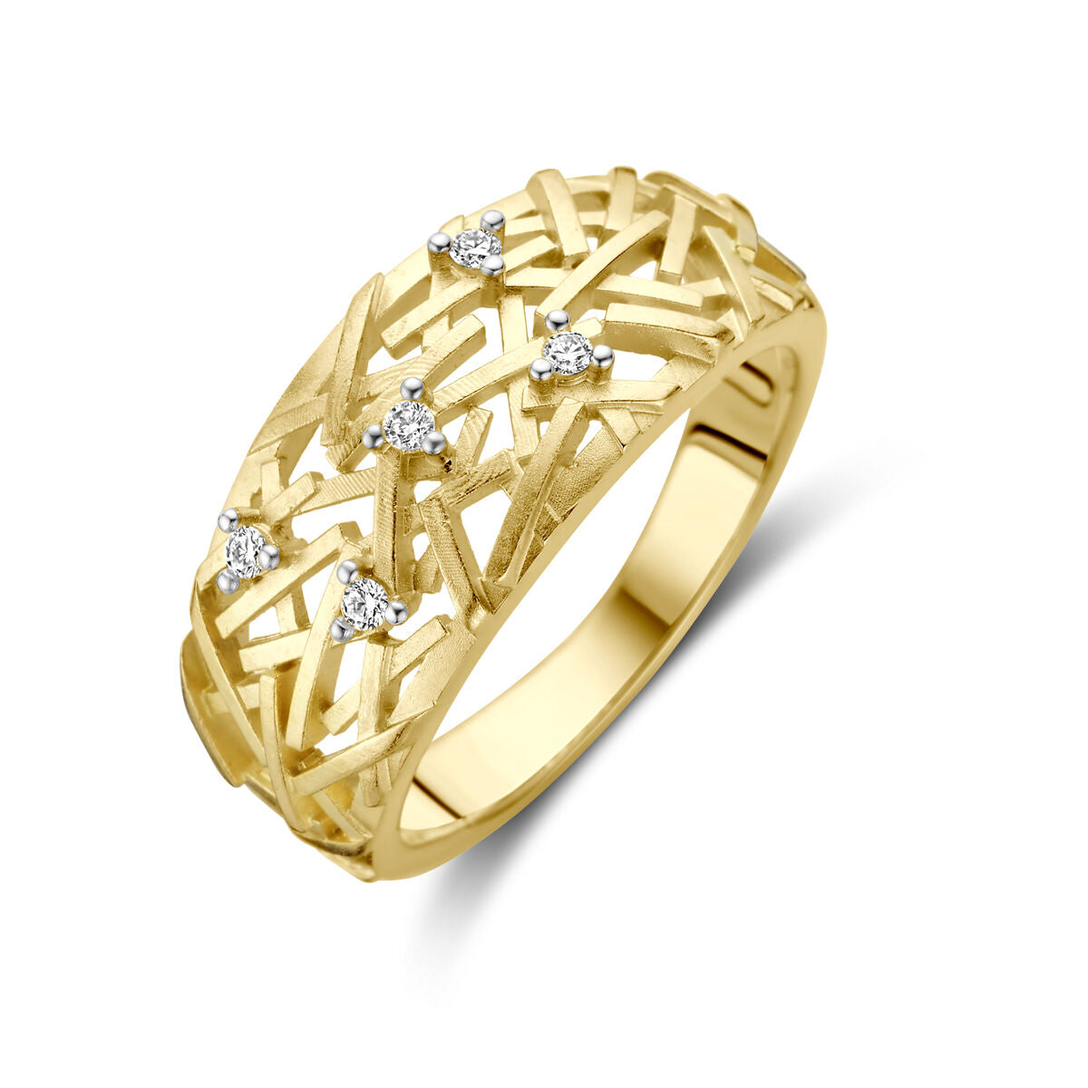 Anillo de oro amarillo de 14K con diseño entrelazado y cinco diamantes de 0.06 ct.