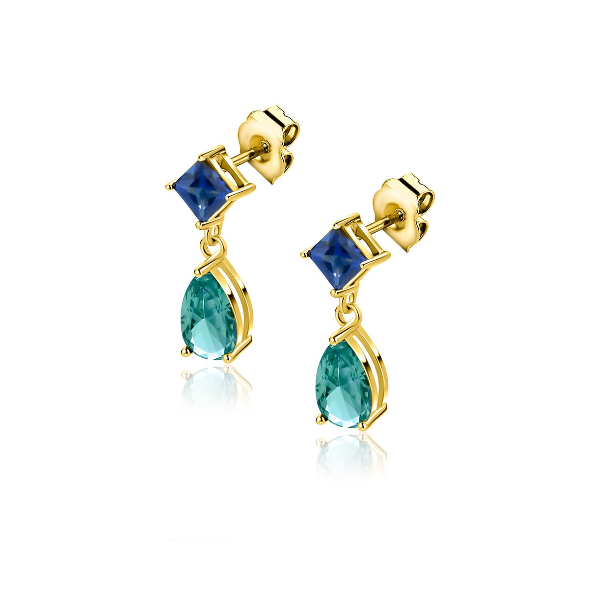 Pendientes de oro con piedras en forma cuadrada azul y gotas en forma de pera verde.