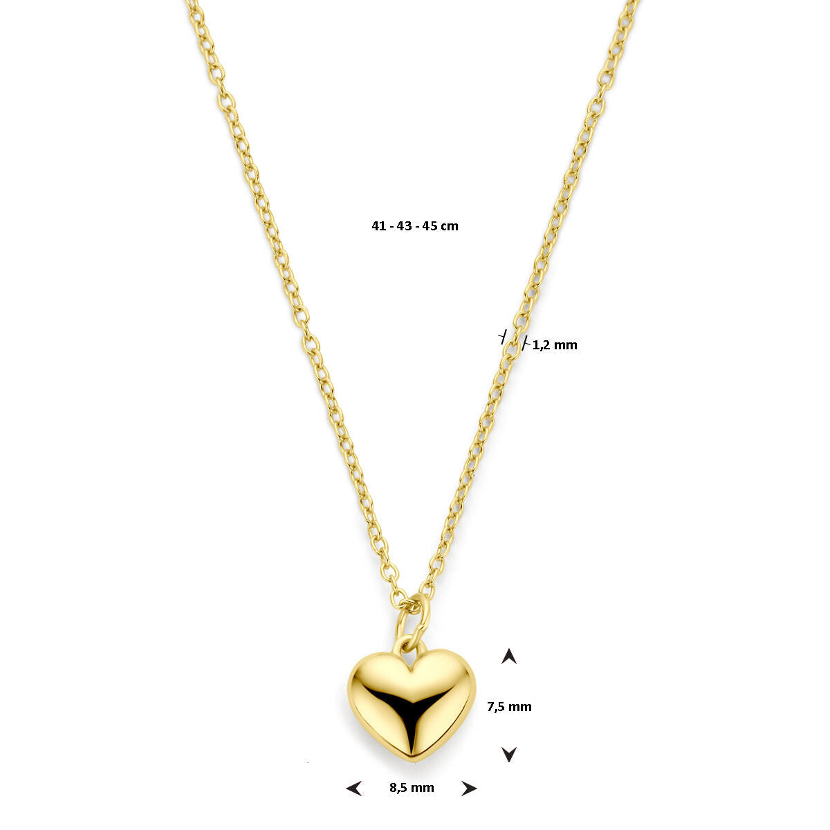 collar corazón 41 - 43 - 45 cm 3 micrones plata chapado en oro amarillo