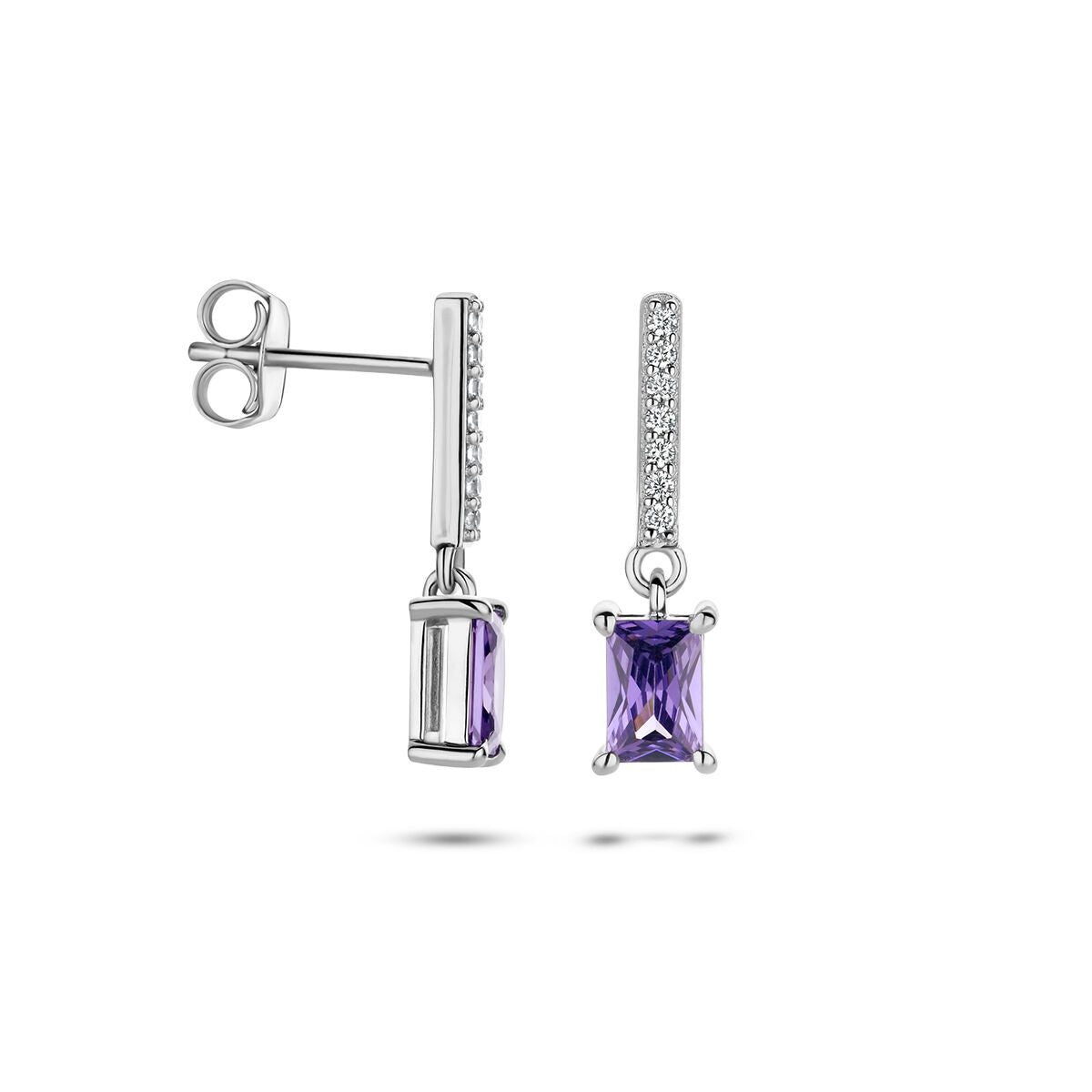 pendientes de color amatista y circonitas blancas en plata rodiada