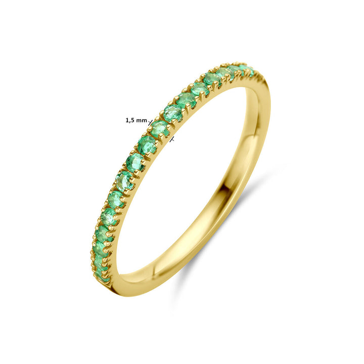 De Van der Kooij Collectie "ring met geboortesteen smaragd mei 14K geelgoud" is een delicate 14k gouden ring gezet met kleine ronde groene smaragden, ideaal als geboortesteen of elegante smaragd ring, afgebeeld op een witte achtergrond.