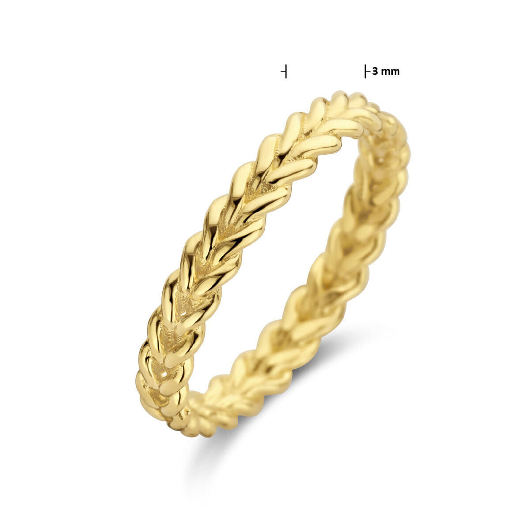 Een 14K geelgouden ring uit de Van der Kooij Collectie met gevlochten ontwerp, circa 3mm breed, afgebeeld tegen een witte achtergrond met maatstrepen die de breedte tonen.