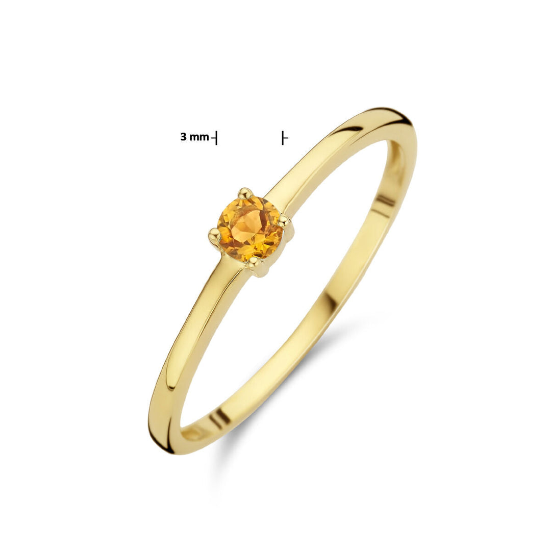 Een delicate 14K geelgouden Van der Kooij Collectie ring met geboortesteen citrien voor november, met een kleine ronde steen in vierpootzetting en een 3 mm maatindicator naast de edelsteen.