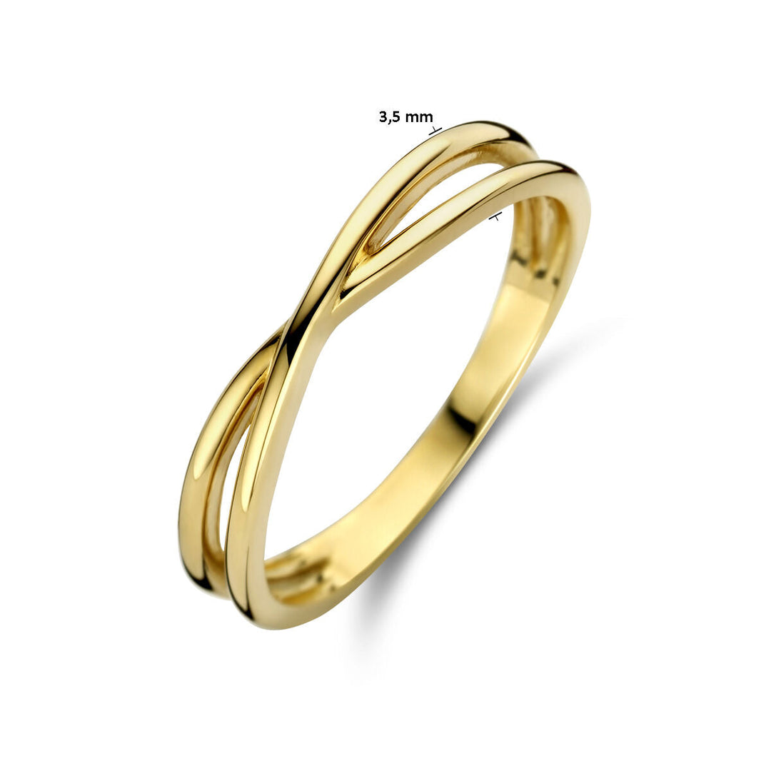 De chromosomenring 14K geelgoud uit de Van der Kooij Collectie heeft een elegant gedraaid dubbelbandontwerp van 3,5 mm breed, met specifiek versterkte banden die zorgen voor tijdloze elegantie.